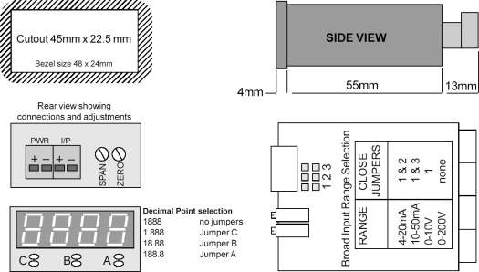 Mechanical specifications of Model M35 low-cost digital panel meter for process signals